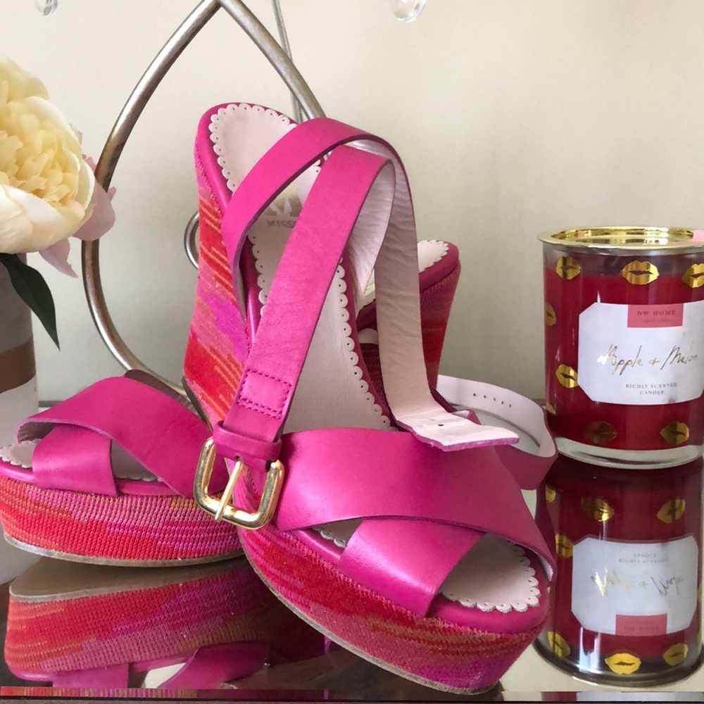 NEW M Missoni Pink Orange Leather Strappy High Heel Wedge Sandals - Picture 3 of 10